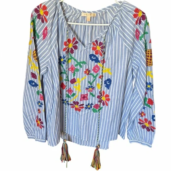 Skies are Blue Striped Blue Floral Embroidered V-Neck Peasant Blouse- Small - Picture 2 of 6